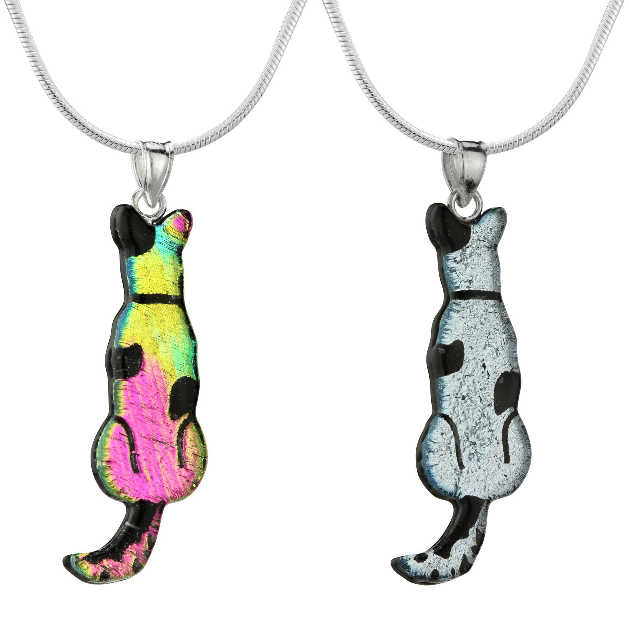Dichroic Glass Dog Silhouette Necklace - Silver - With Diamond Cut Chain