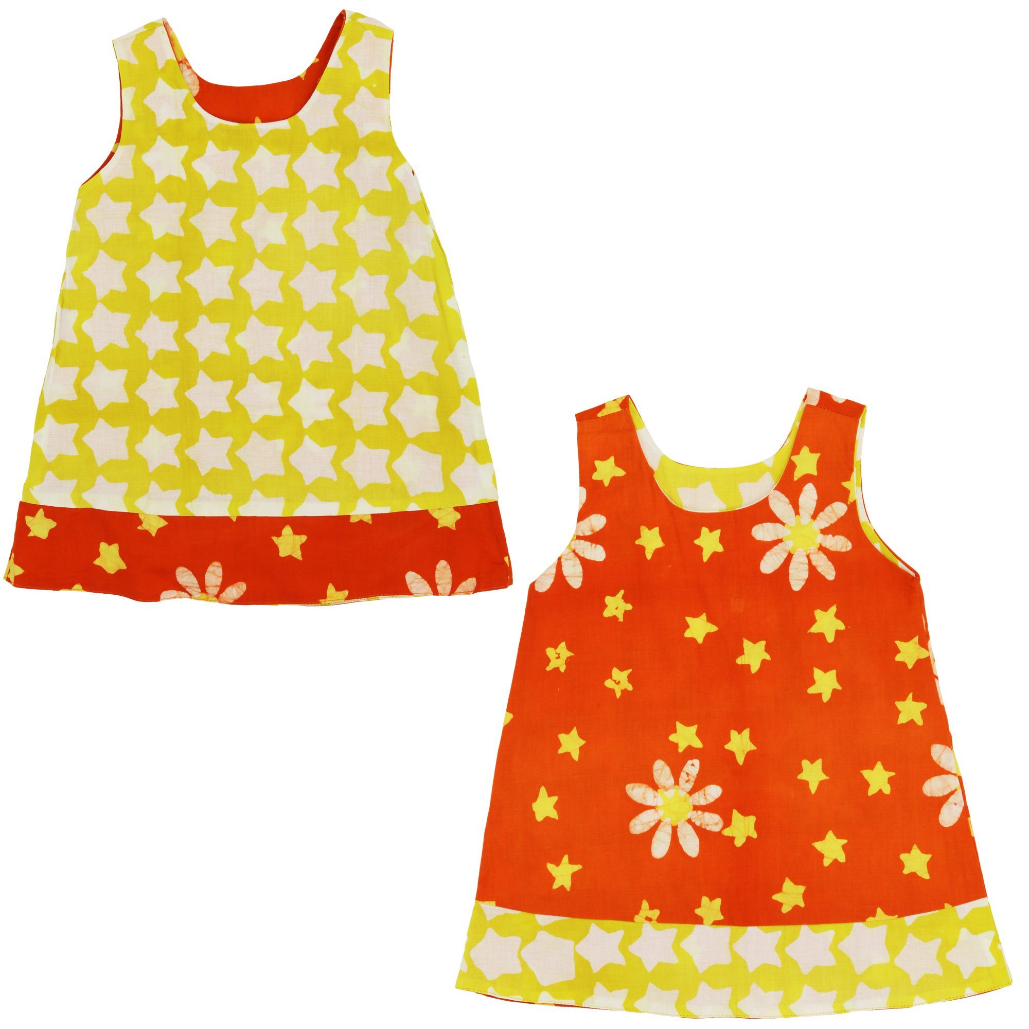 Ghana Batik Girls' Reversible Dress - Orange Daisy Star - 18 Months