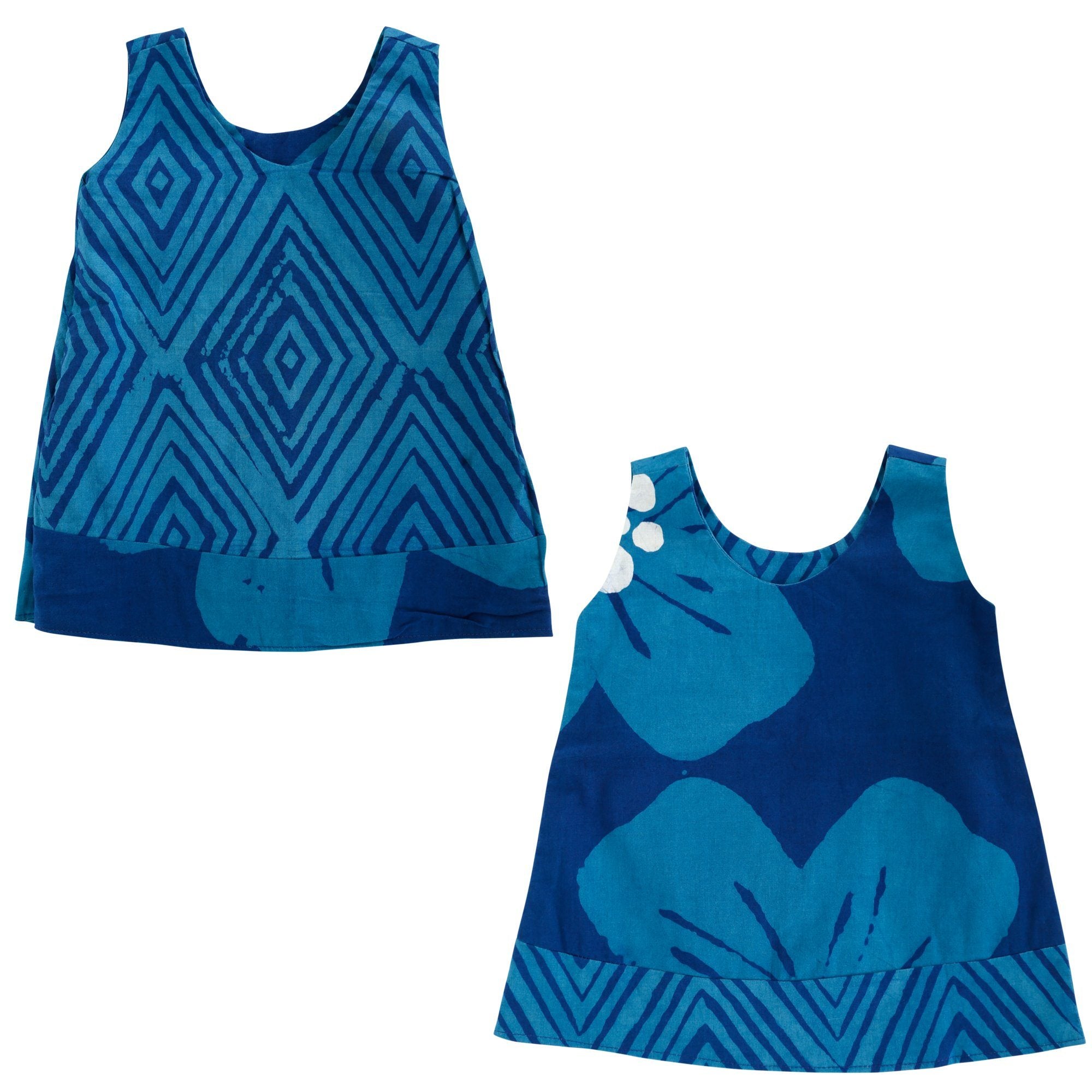 Ghana Batik Girls' Reversible Dress - Teal Flower - 24 Months