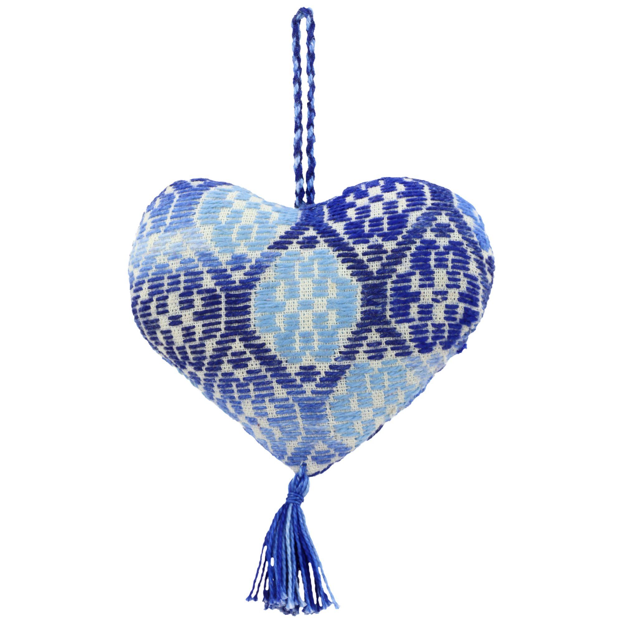 Hand-Embroidered Heart Ornament - Blue - Single