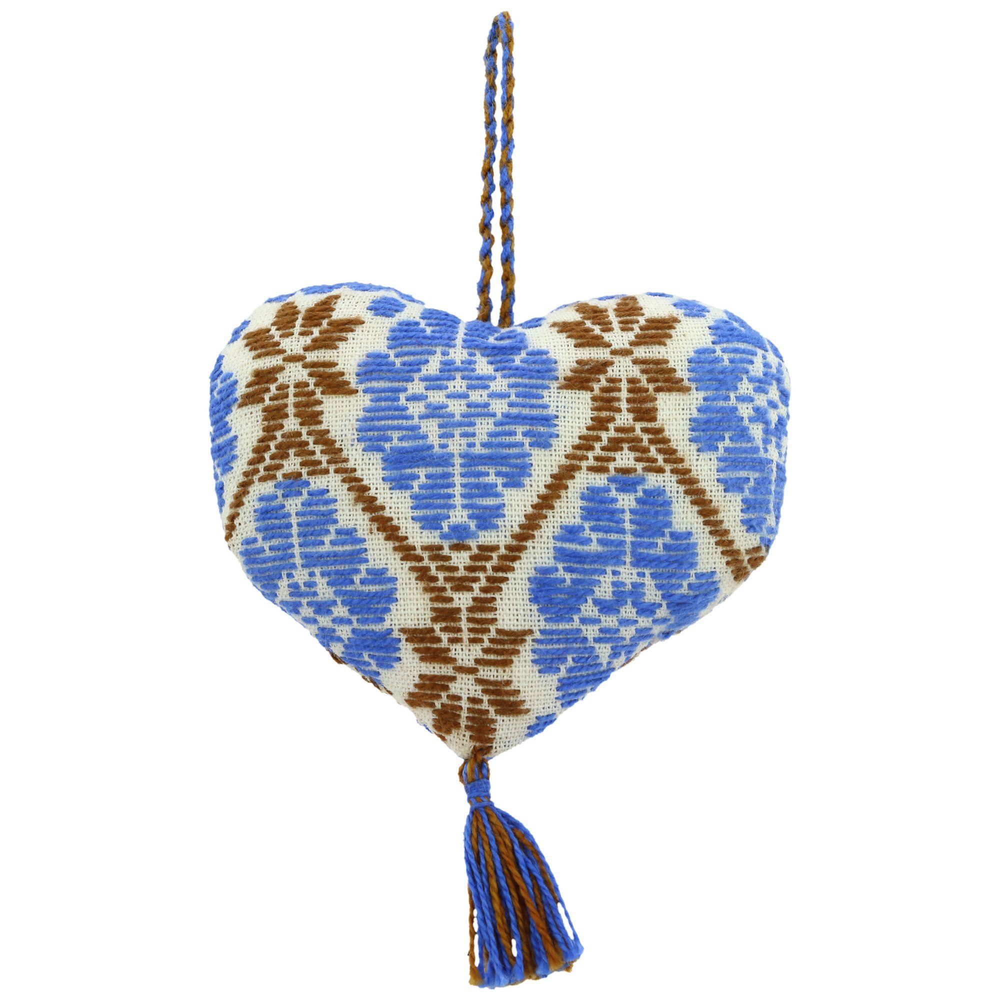 Hand-Embroidered Heart Ornament - Blue/Brown - Single