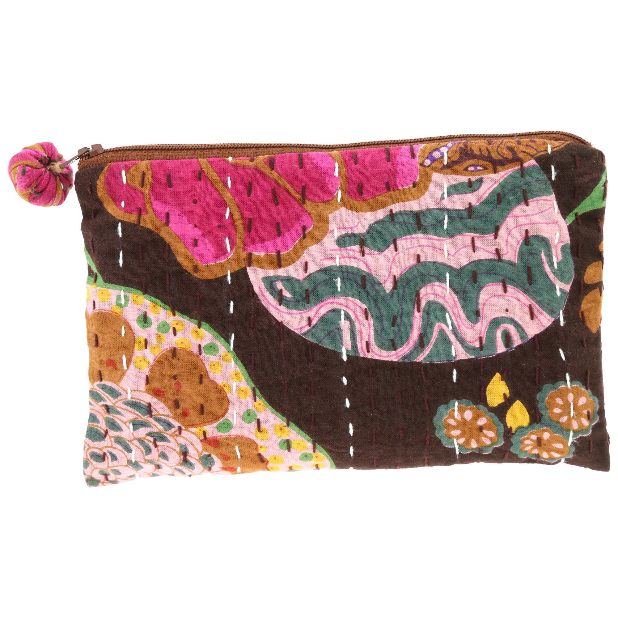 Hand-Stitched Kantha Cosmetic Bag - Brown