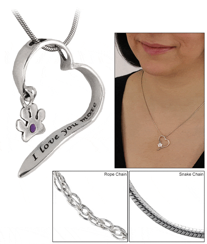 I Love You More Sterling Paw Print Heart Necklace - With Snake Chain