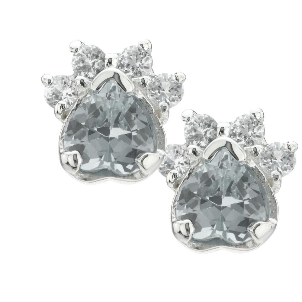 Paw Print Birthstone Earrings , Sterling Silver - April - Single Pair