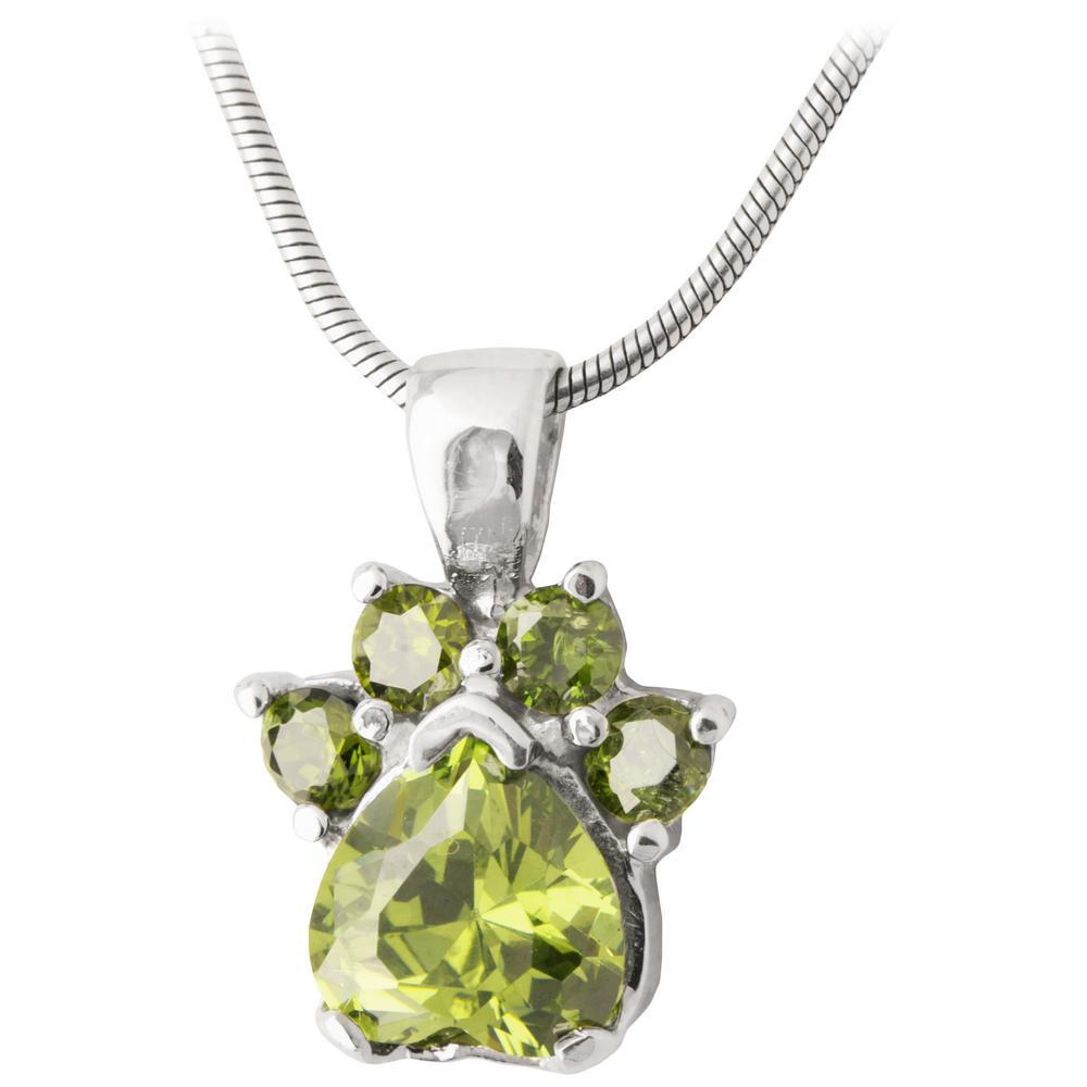 Paw Print Birthstone Sterling Necklace - August - With Diamond Cut Chain