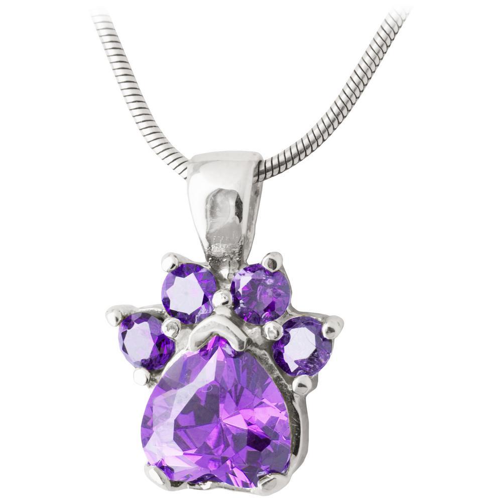 Paw Print Birthstone Sterling Necklace - June - With Diamond Cut Chain