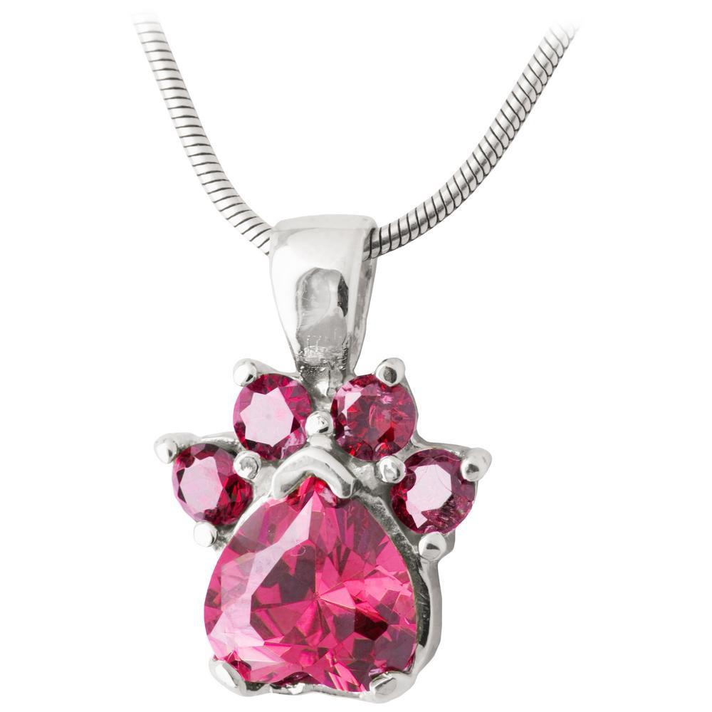 Paw Print Birthstone Sterling Necklace - July - With Diamond Cut Chain