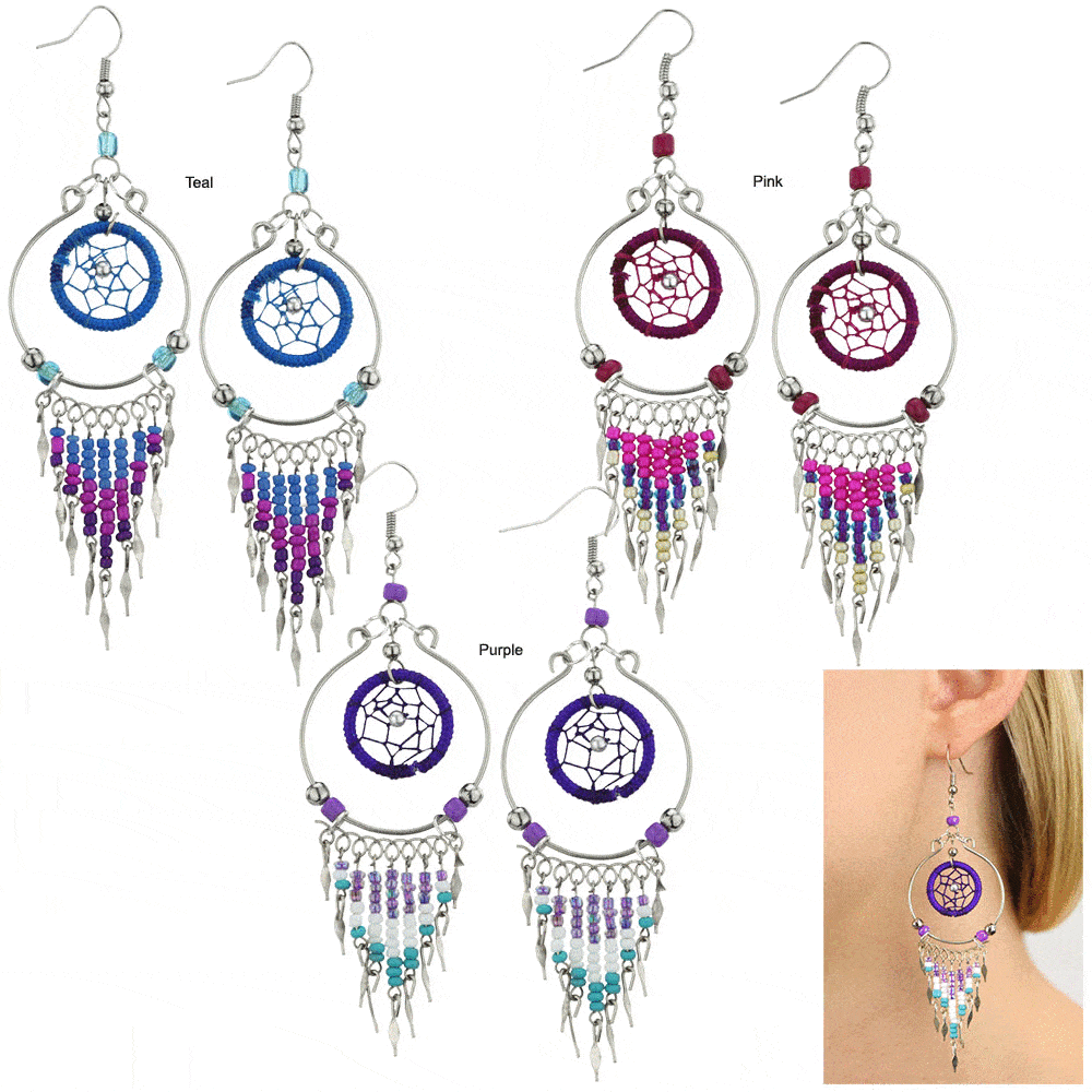 Peruvian Dreamcatcher Chandelier Earrings - Pink