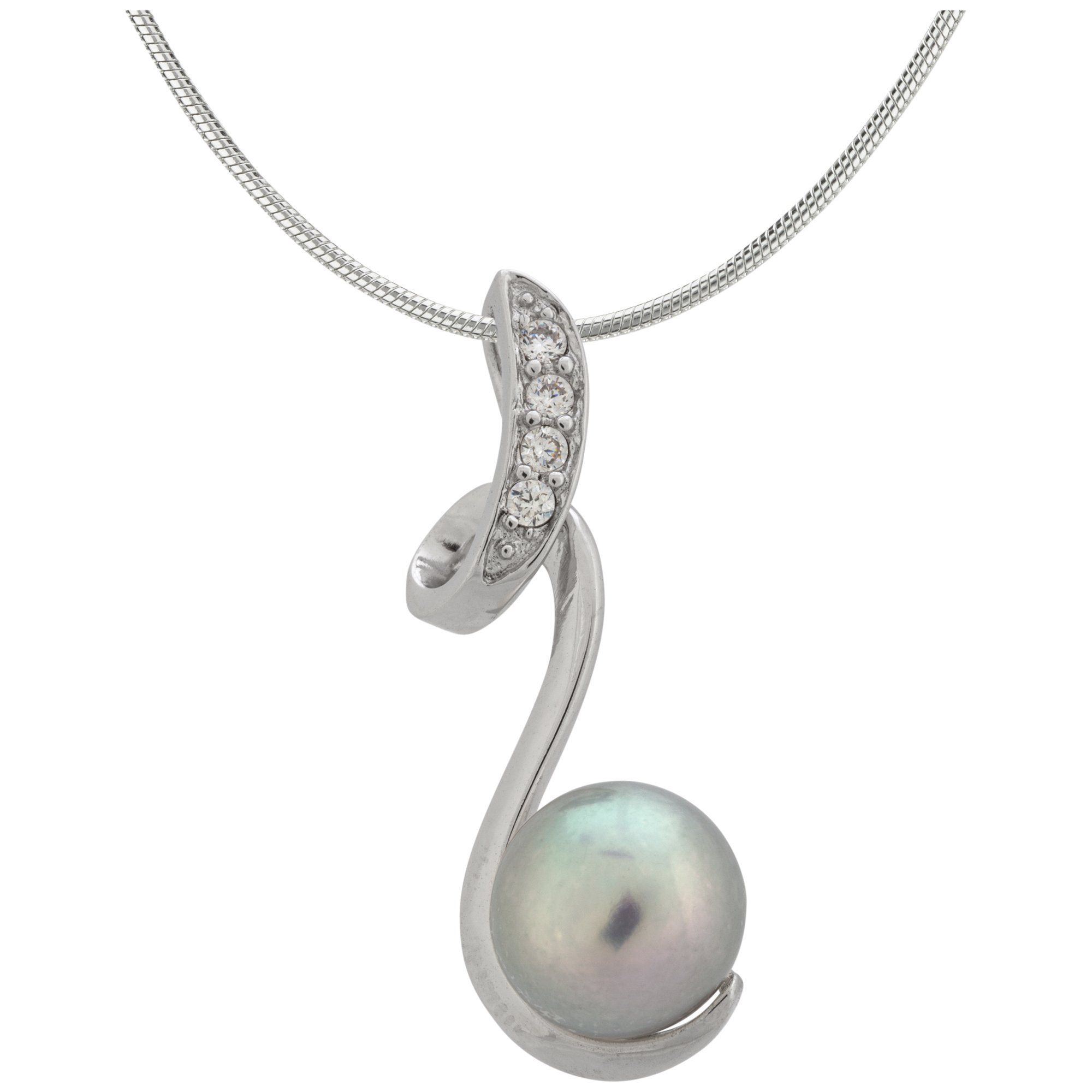 Sterling Swirl Pearl Necklace - Gray - With Diamond Cut Chain