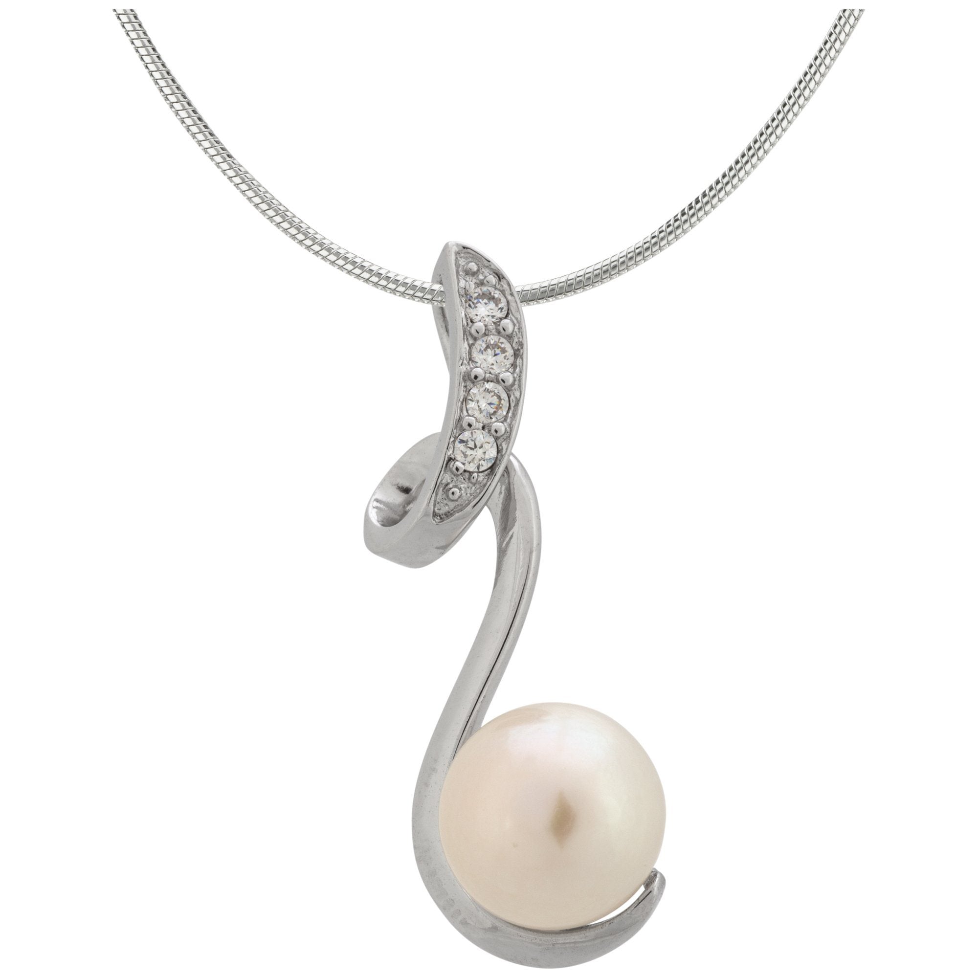 Sterling Swirl Pearl Necklace - White - With Diamond Cut Chain