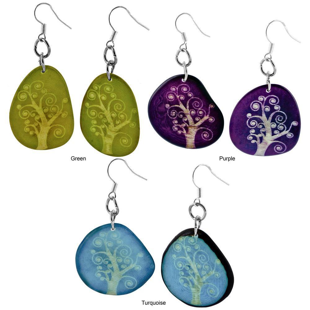 Tree Of Life Etched Tagua Earrings - Turquoise