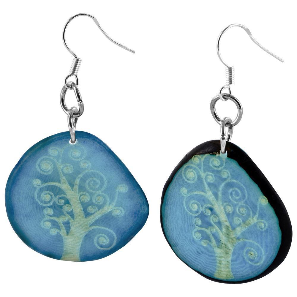 Tree Of Life Etched Tagua Earrings - Turquoise