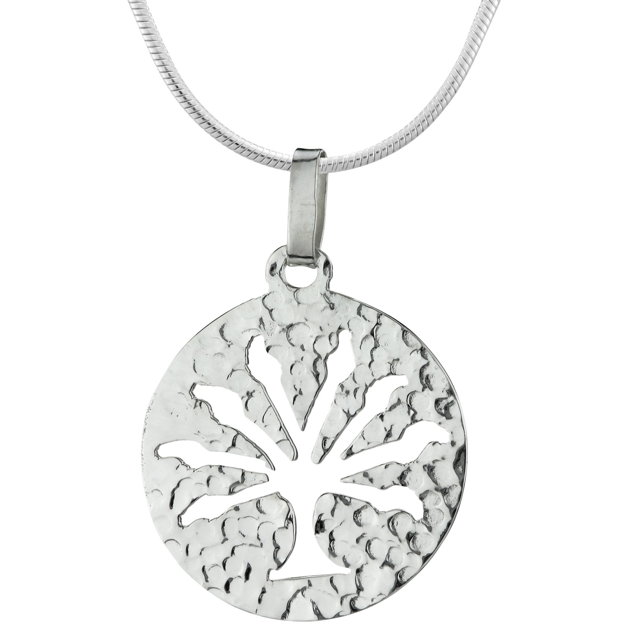 Tree Of Life Hammered Sterling Necklace - With Diamond Cut Chain
