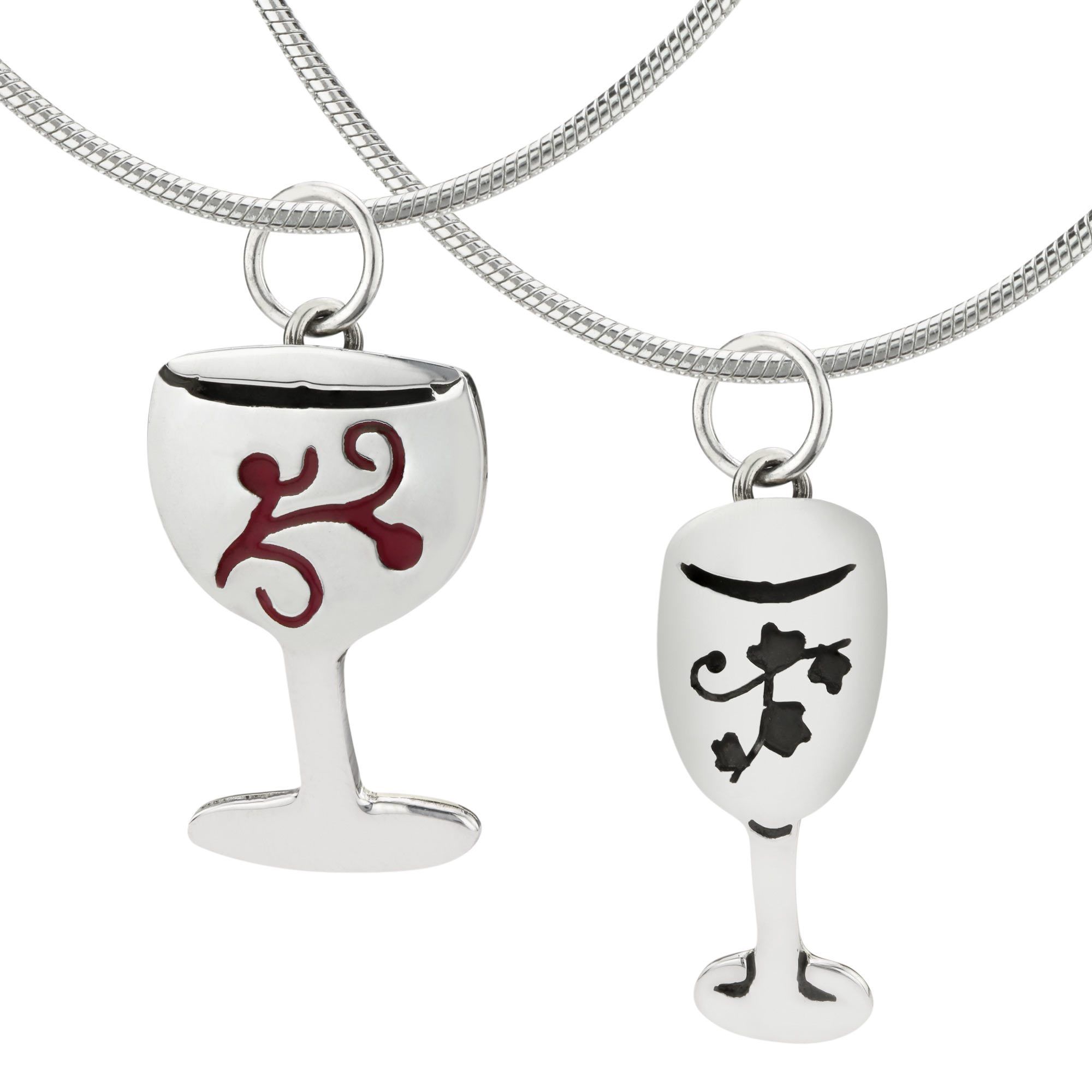 Wine Glass Sterling Necklace - Red - With Diamond Cut Chain