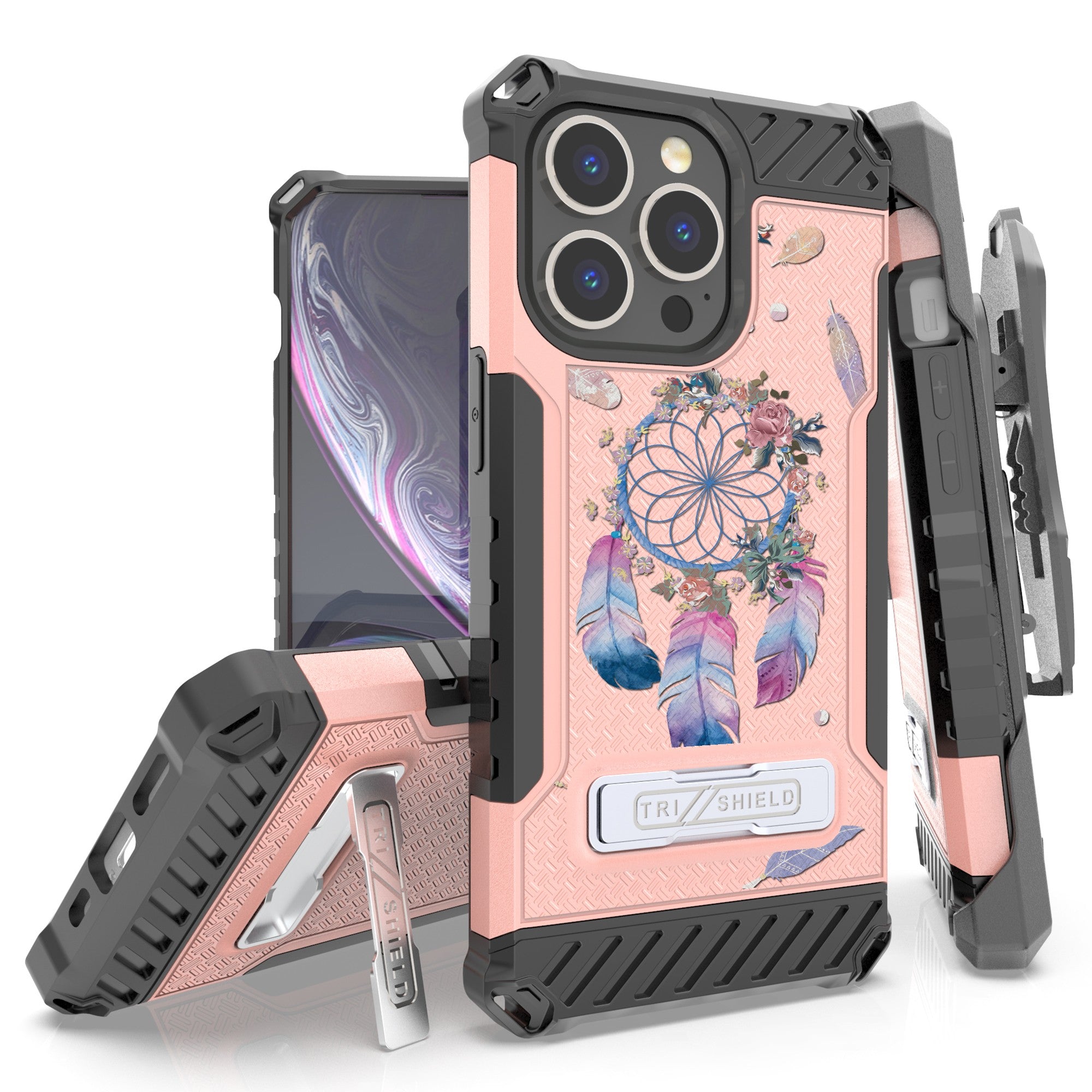 Tri Shield Rugged Cover + Holster Designed For Apple iPhone 13 Pro 6.1" Rose Gold/Black