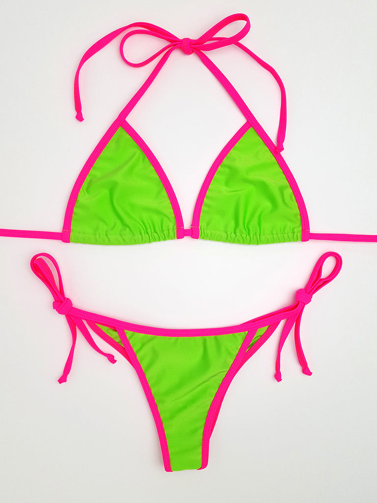 Neon Green with Pink Micro Scrunch Bikini | Hunni Bunni