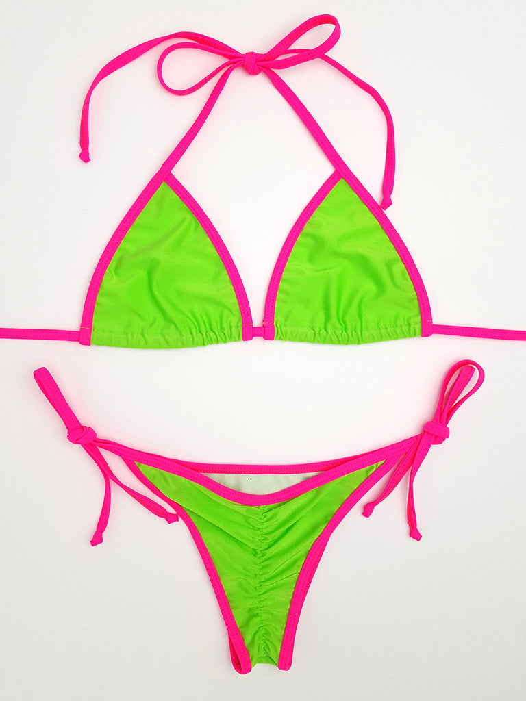 Neon Green with Pink Micro Scrunch Bikini | Hunni Bunni