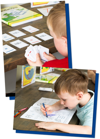 Young children practicing phonograms and phonemic awareness with Foundations materials