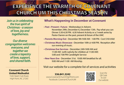 Back of card.  Covenant Church UM Christmas 2023 postcard