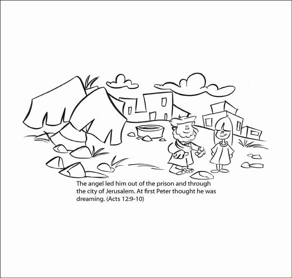 God frees Peter from jail Bible story coloring card by Memory Cross