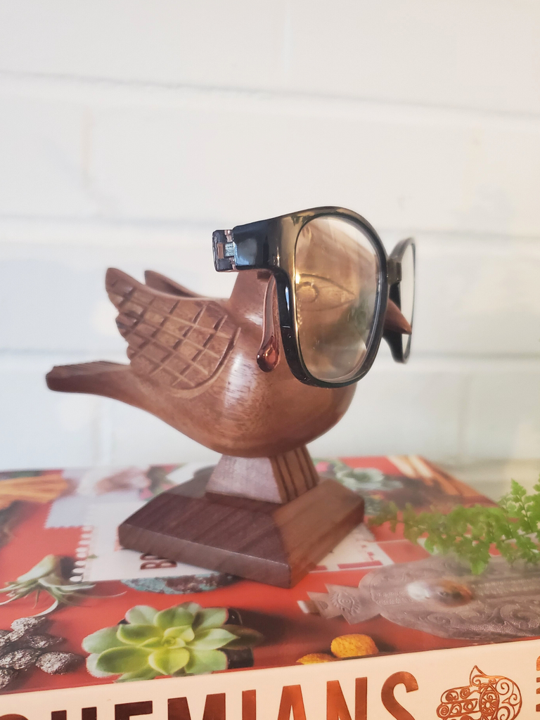 Owl-Shaped Jempinis Wood Eyeglasses Holder from Bali, 'Wise Owl