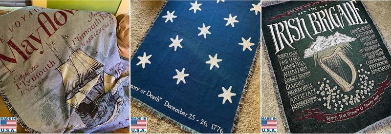 Made in America woven blankets - Mayflower, Victory, and Irish Brigade