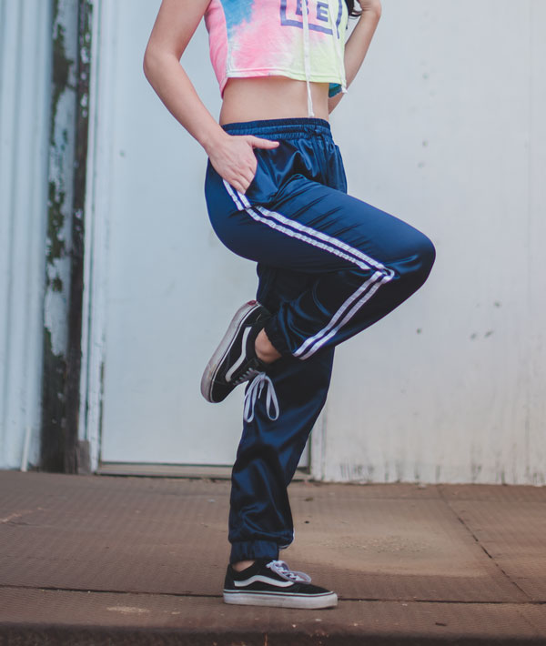 navy satin joggers