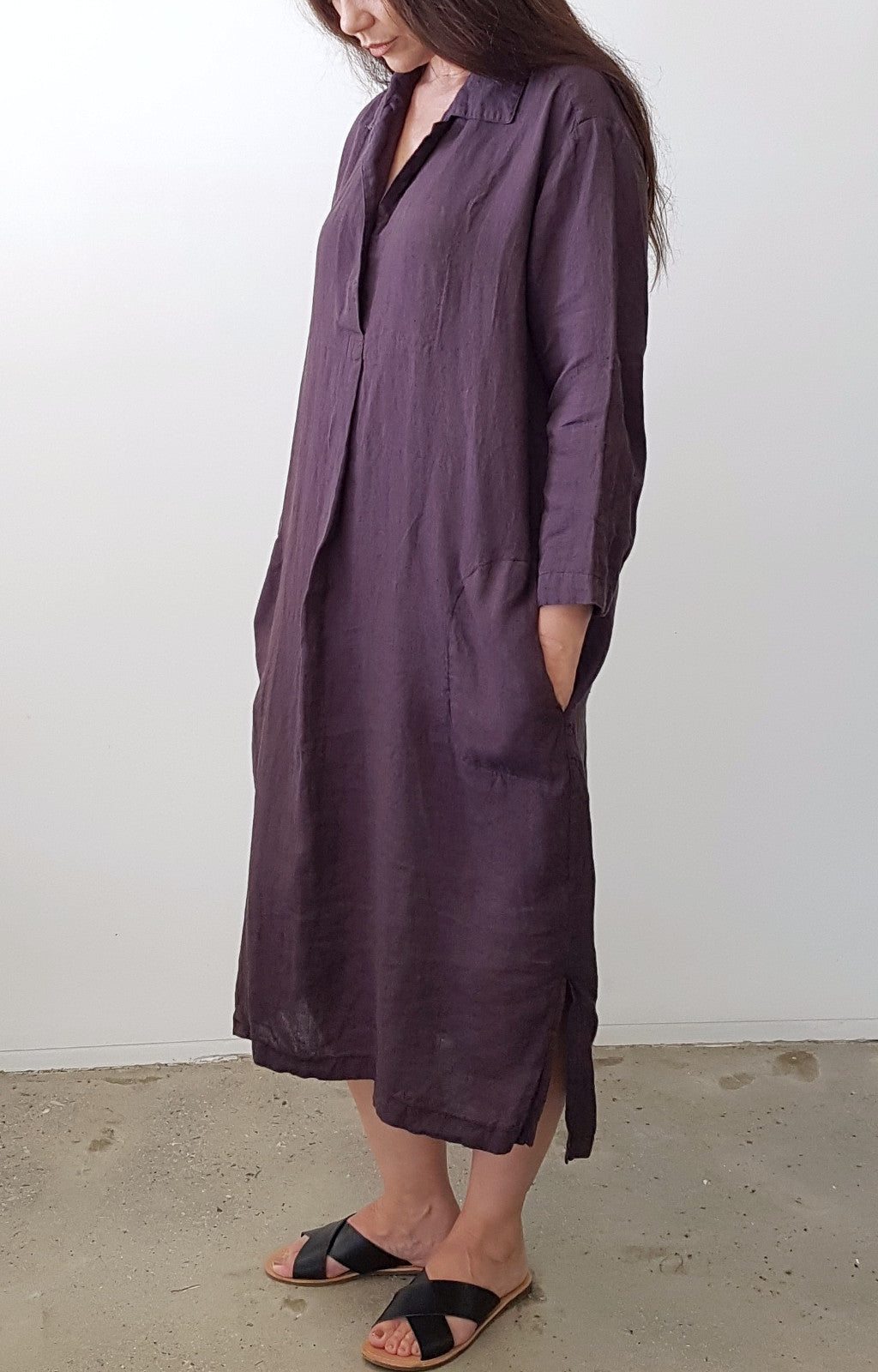 SHIRTMAKER DRESS IN AUBERGINE LAUNDERED LINEN – Lamington Ave