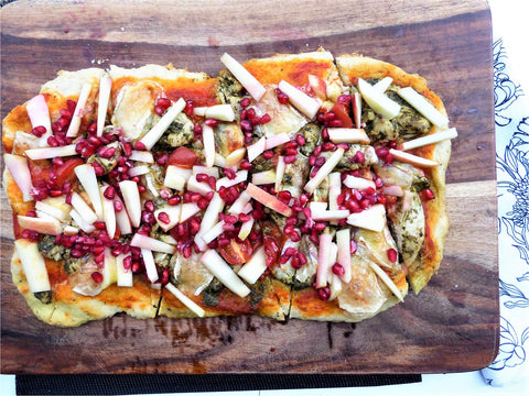Chicken and Brie Flatbread with Pesto, Apple, and Pomegranate Seeds