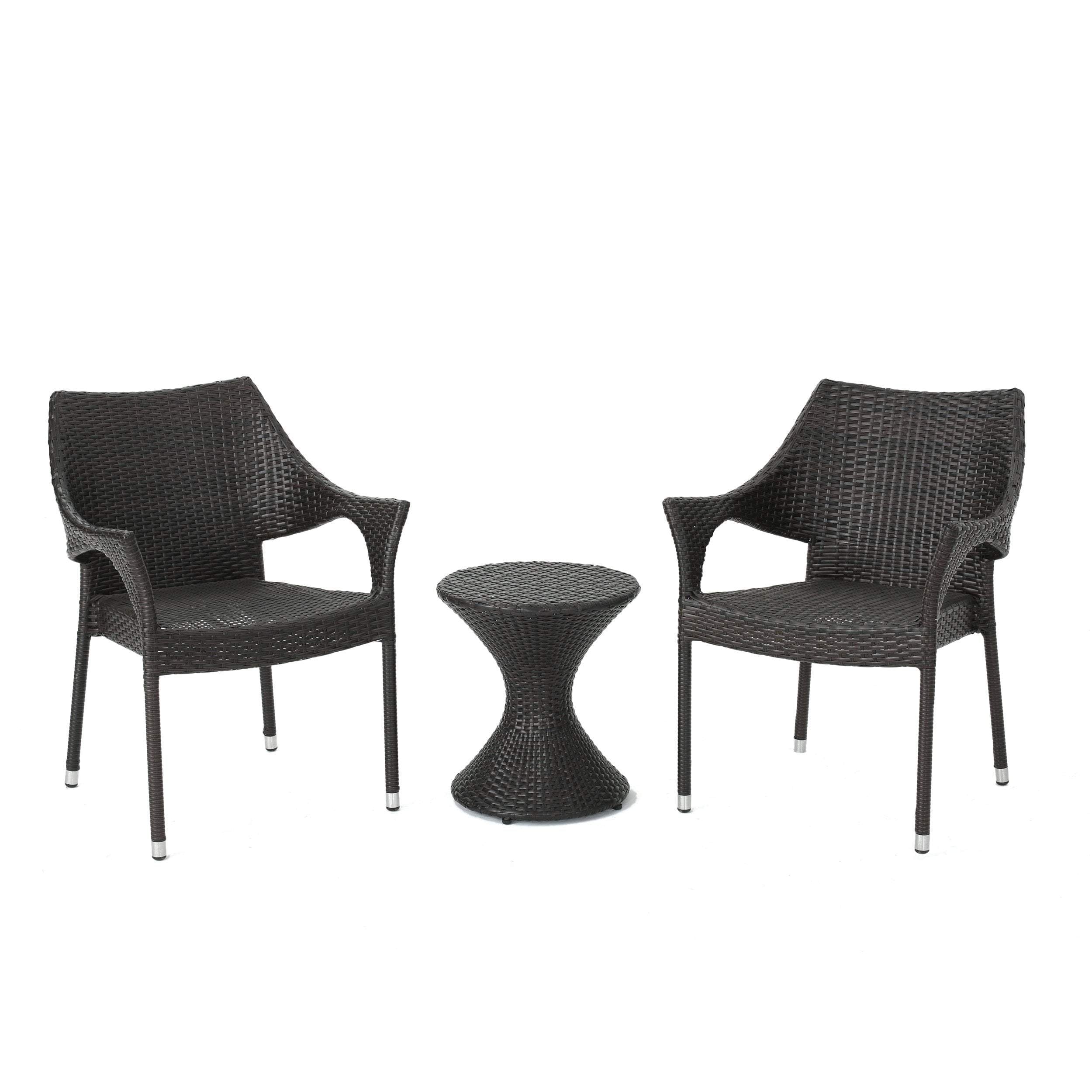3 piece rattan chat set with stacking chairs and hourglass side table