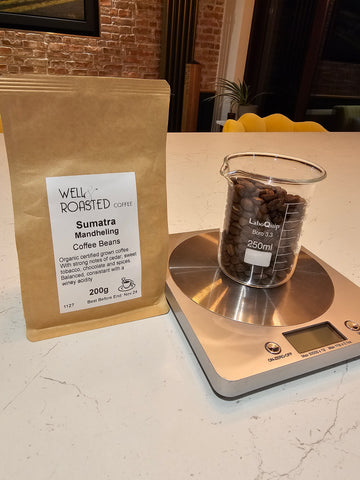 Sumatran coffee weighed for stout