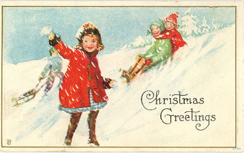 Children Sledding Embossed Christmas Vintage Postcard 1916 - Vintage Postcard Boutique
