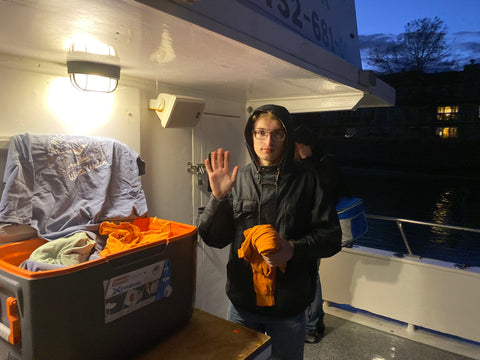 Billy mckim selling the Jersey shore whale watching tour T-shirt’s in the cold.