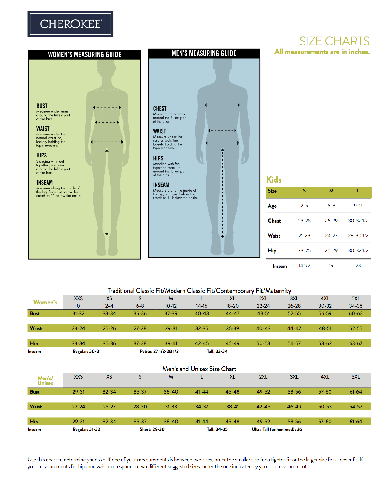 Cherokee Luxe Size Chart