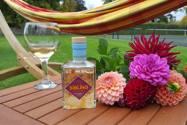 Sibling gin next to flowers and hammock