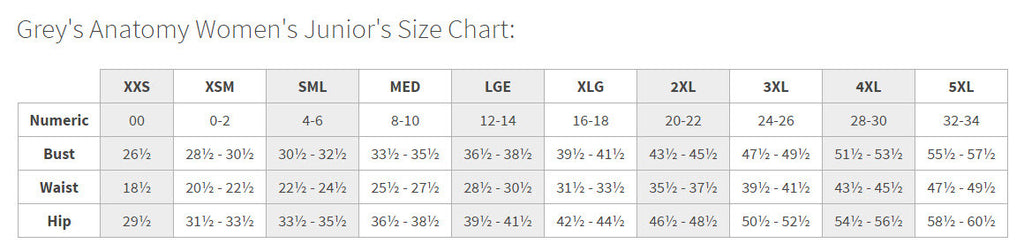 Grey S Anatomy Junior Fit Scrubs Size Chart