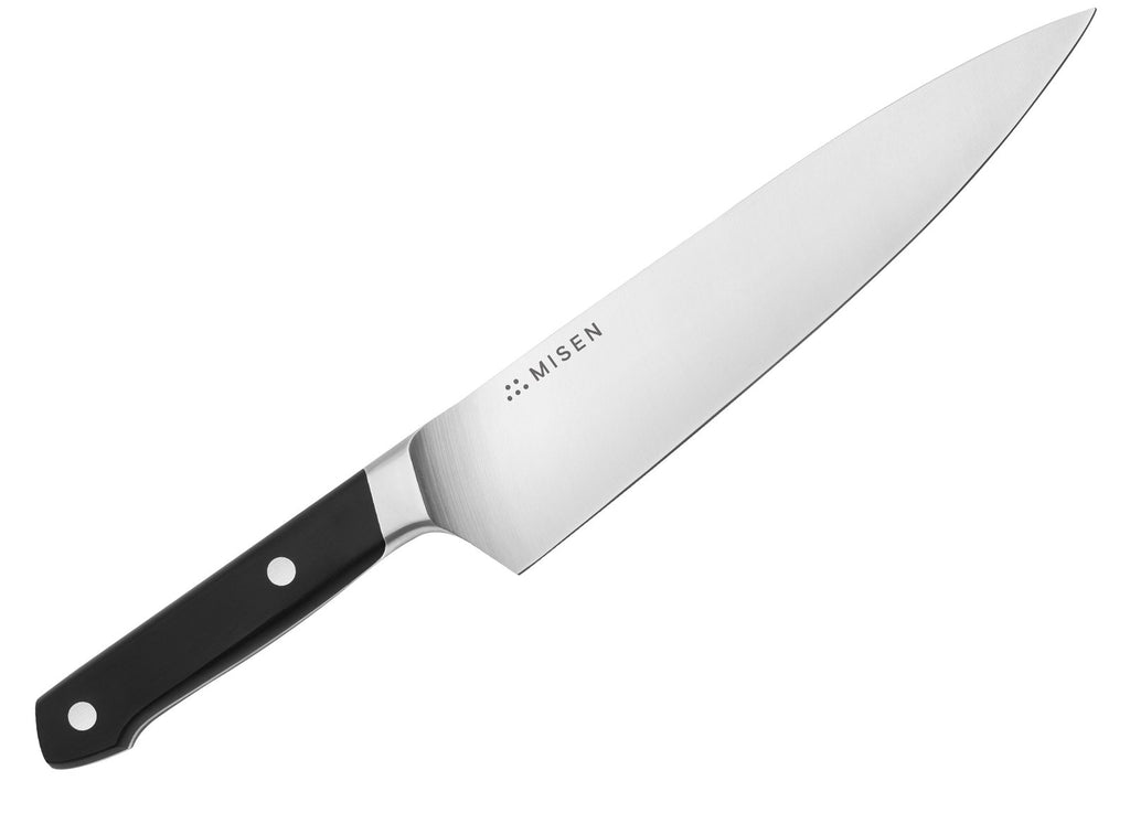 Chef knives: a steel chef's knife with a black handle