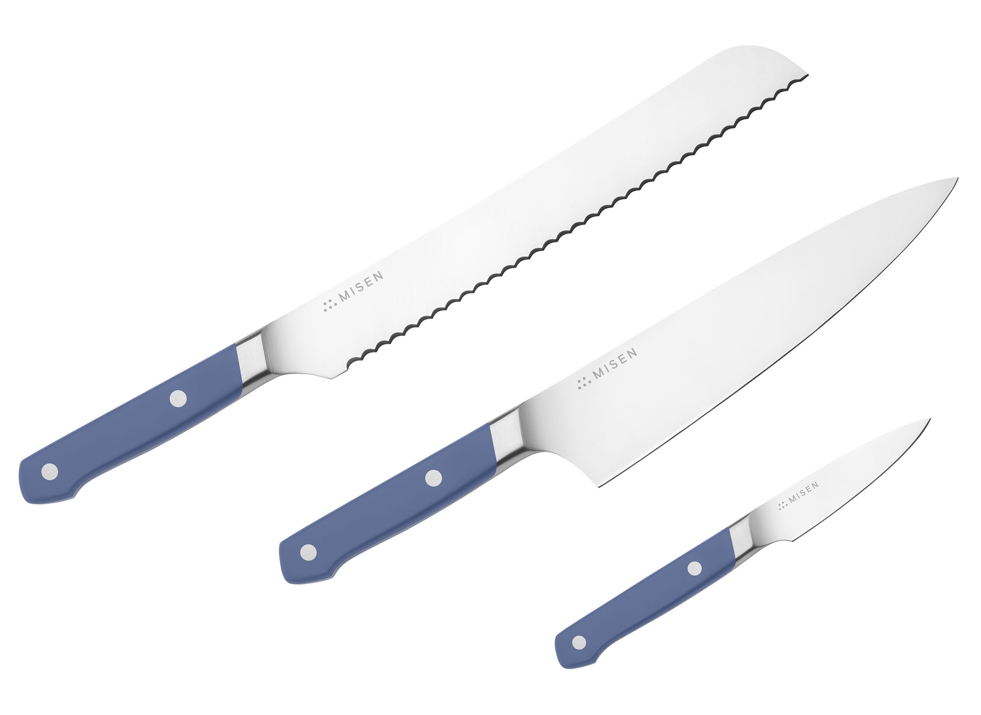 The Misen 3-Piece Essentials Knife Set in blue includes a Chef's Knife, a Serrated Knife and a Paring Knife.