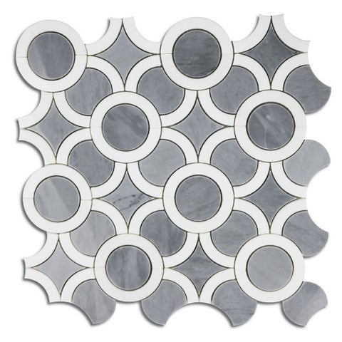 Prima Grey and White Thassos Marble Waterjet Mosaic Tile in Circles and Stars