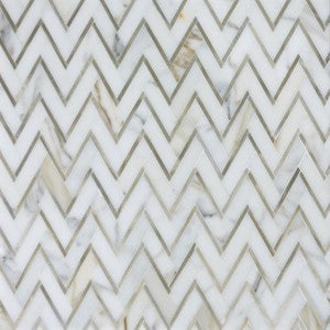 CALACATTA (CALCUTTA) GOLD MARBLE WITH GOLD METAL WATERJET MOSAIC TILE IN GOLDEN CHEVRON