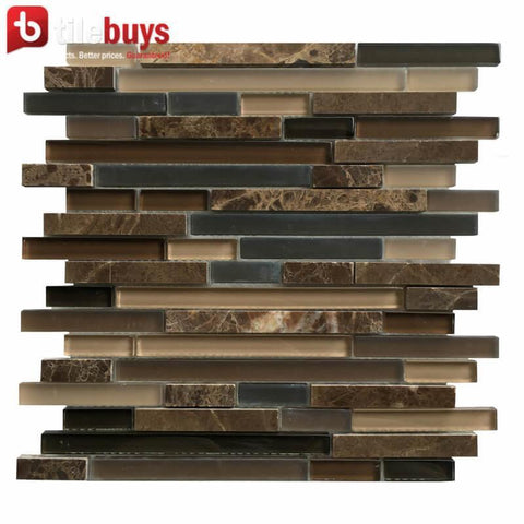 DARK BROWN, BEIGE & GRAY MARBLE & GLASS LINEAR STRIP MOSAIC WALL TILE