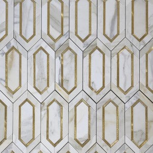 CALACATTA (CALCUTTA) GOLD MARBLE WITH GOLD METAL WATERJET MOSAIC TILE IN ELONGATED HEXAGONS
