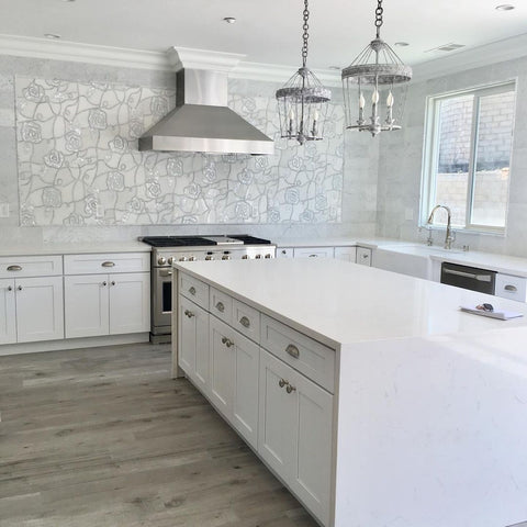 White Kitchen Remodel with Large Floral Mosaic Mural Backsplash