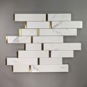 Calacatta Gold Marble Skinny Tile Backsplash with Gold Accent