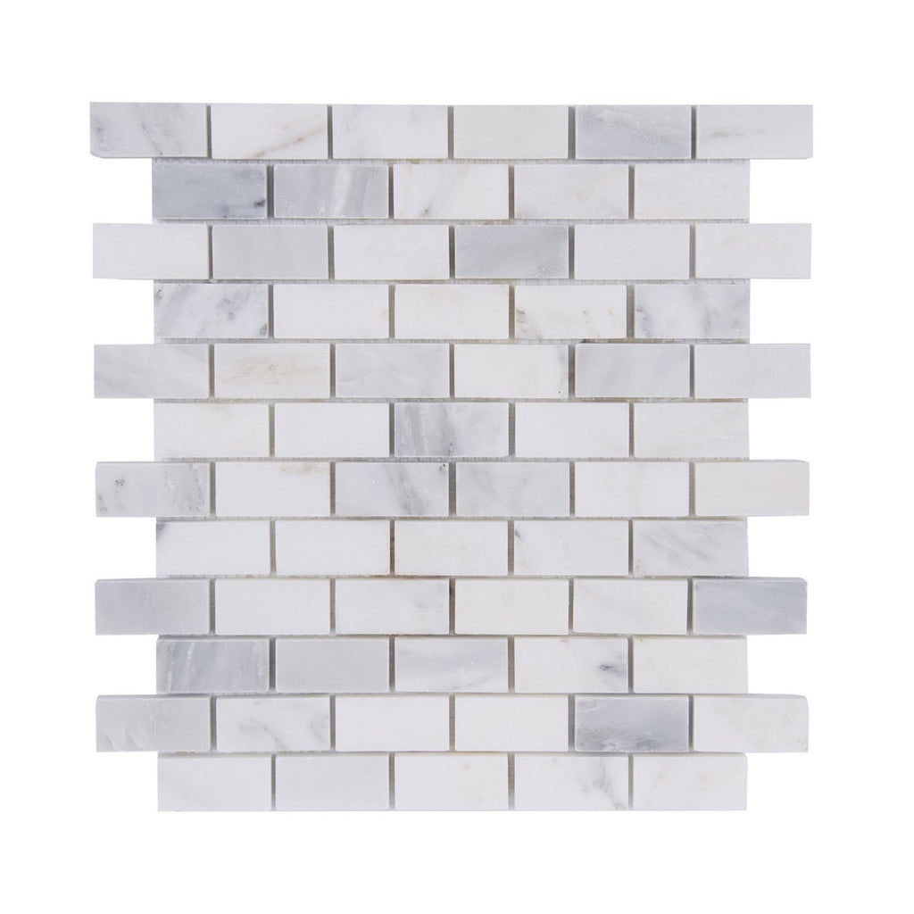 Carrara (Carrera) Venato Marble Mosaic Tile - 1x2” Mini Brick Pattern -  Polished - TileBuys