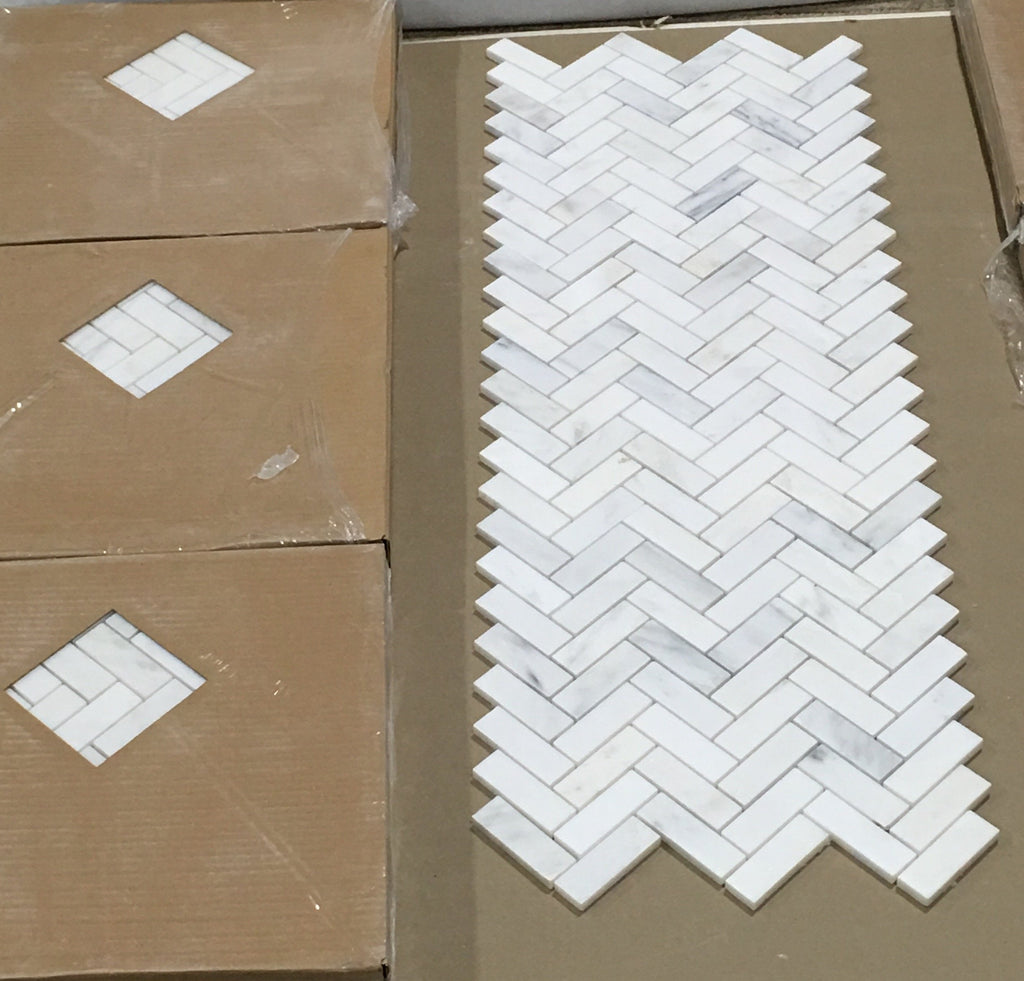 Carrara (Carrera) Venato Marble Mosaic Tile - 1x3” Herringbone - Polished -  TileBuys