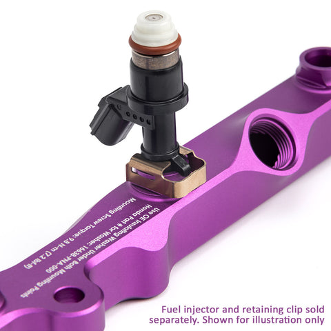 Fuel injector installed in purple ACUITY fuel rail for Honda K-Series Engines