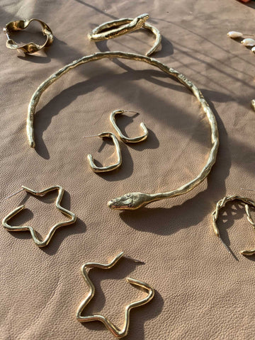 Assortment of Brass Jewelry - Snake Cuff, Star Earrings, Golden Rectangle Hoops, brass earrings