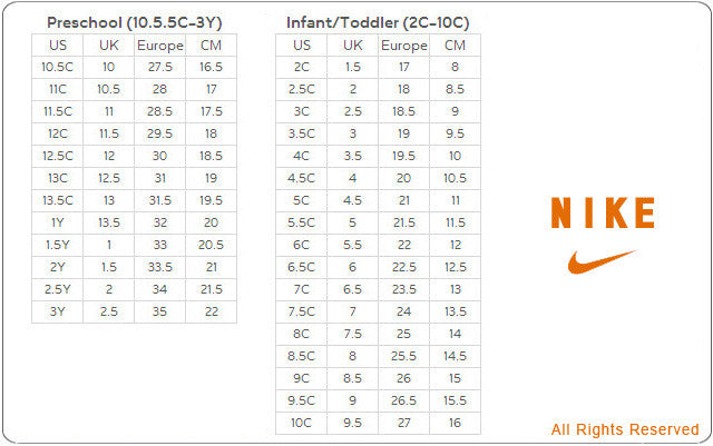 nike big kid girl size chart