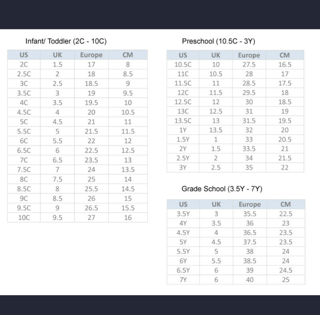 size chart nike kid shoes